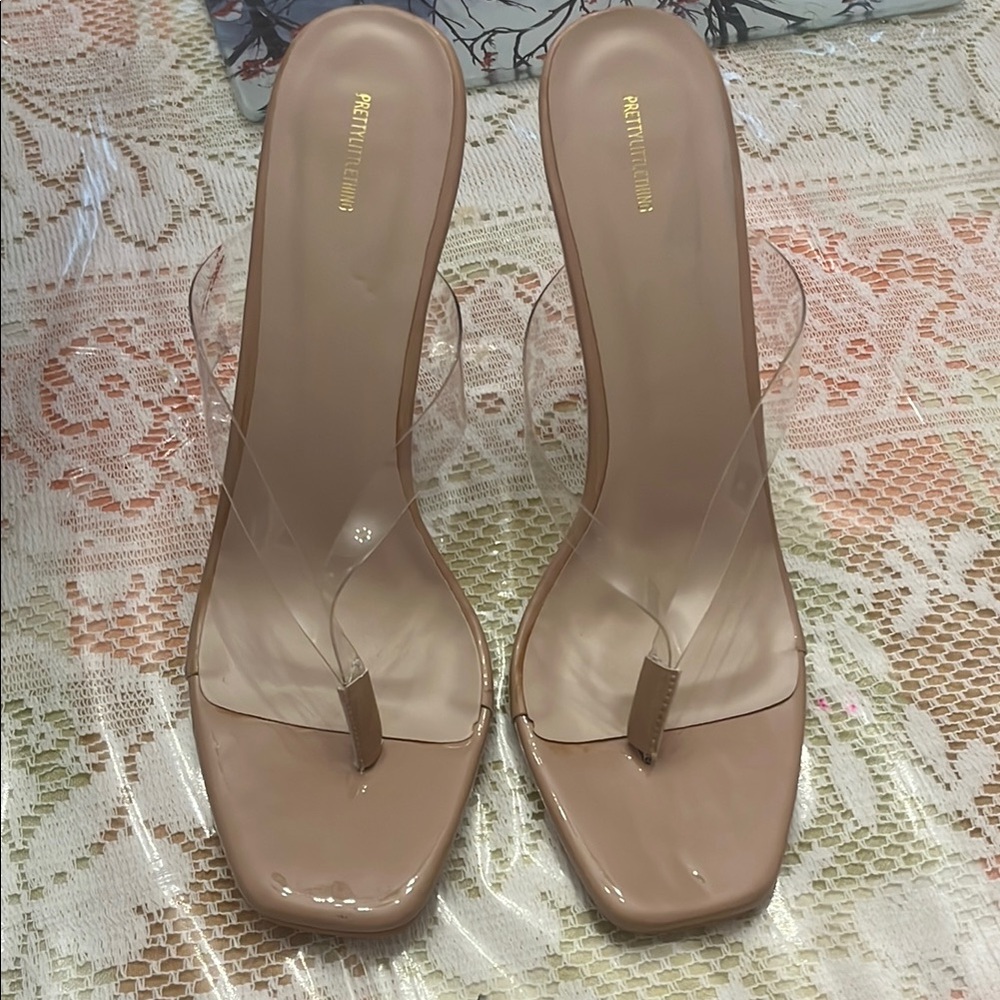 PrettyLittleThing Nude Clear Strap Square-Toe Slide Mules